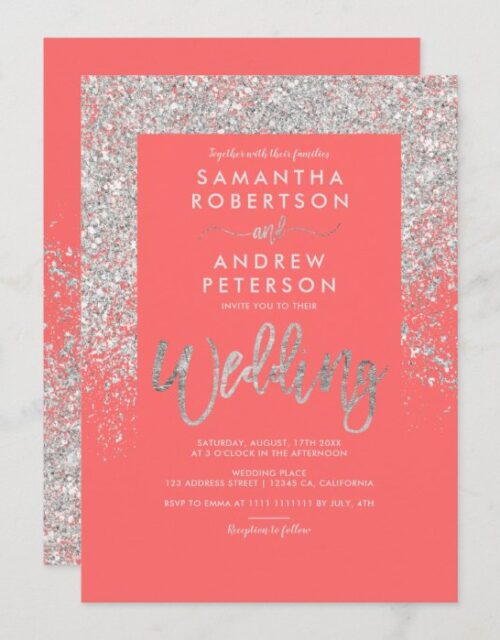 Silver glitter typography coral chic wedding invitation