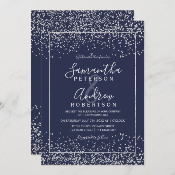 Silver navy blue confetti typography wedding invitation