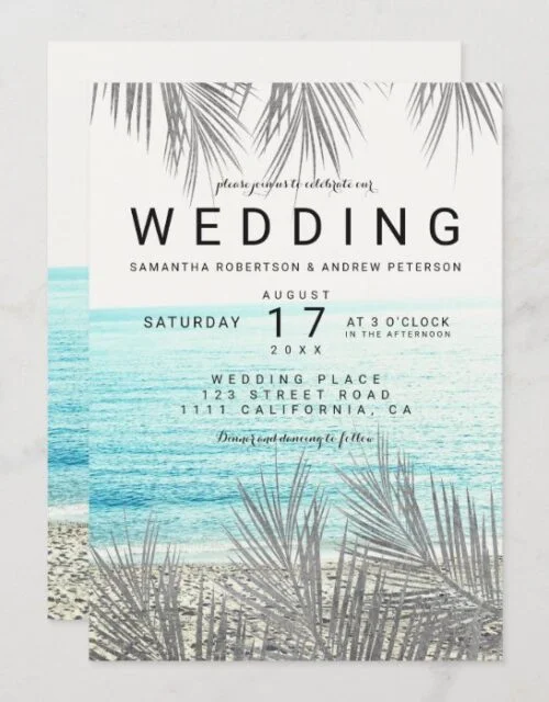 Silver palm tree elegant beach photo wedding invitation
