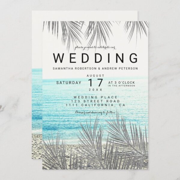 Silver palm tree elegant beach photo wedding invitation