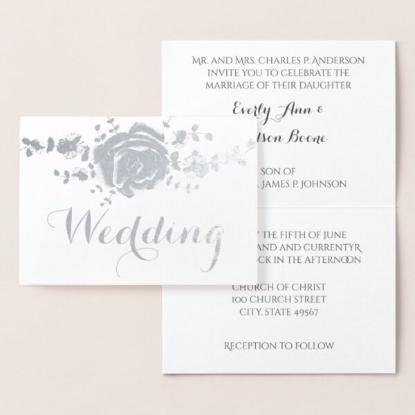 Silver Rose Foil Typography Wedding Invitations