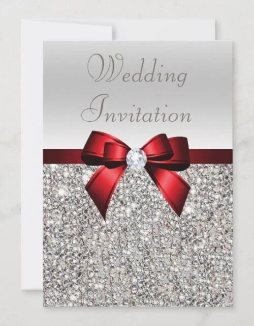 Silver Sequins Royal Red Bow and Diamond Wedding Invitation