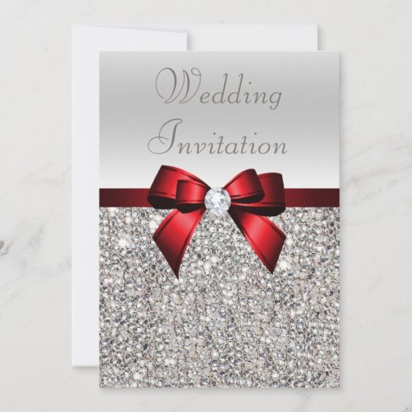 Silver Sequins Royal Red Bow and Diamond Wedding Invitation