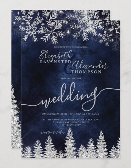 Silver snow pine navy Christmas winter wedding Invitation