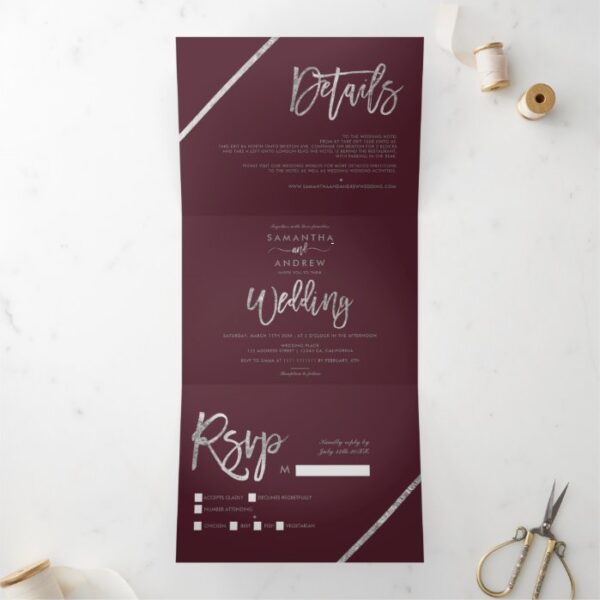 Silver stripes red burgundy elegant script wedding Tri-Fold invitation