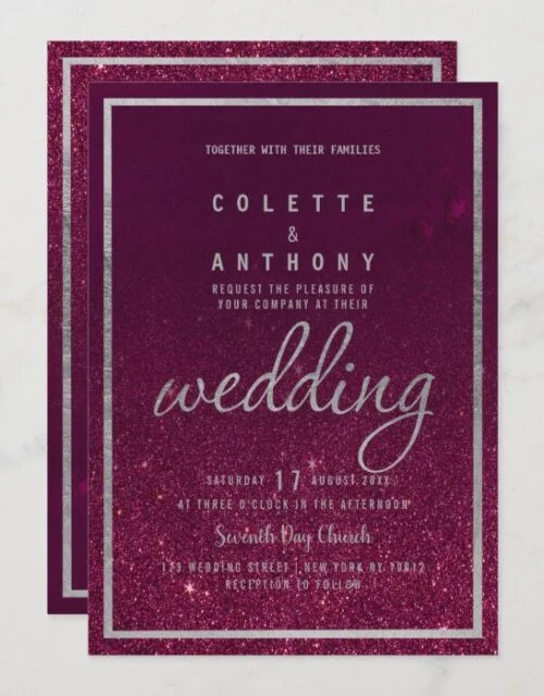 Silver typography burgundy ombre glitter Wedding Invitation