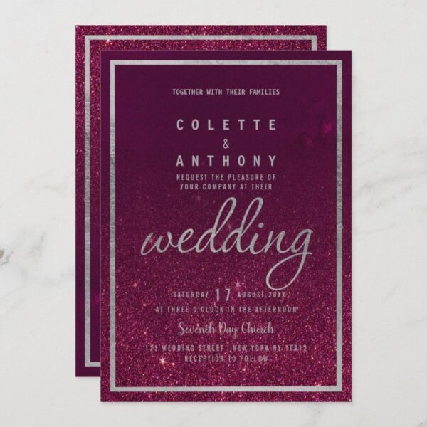 Silver typography burgundy ombre glitter Wedding Invitation