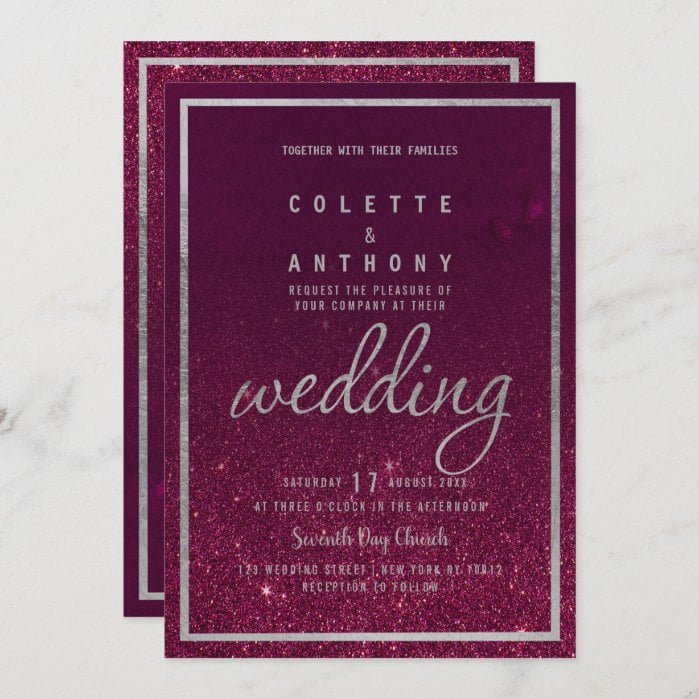 Silver typography burgundy ombre glitter Wedding Invitation