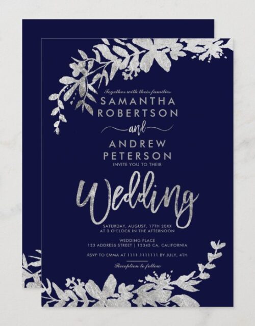 SIlver typography floral navy blue chic wedding Invitation