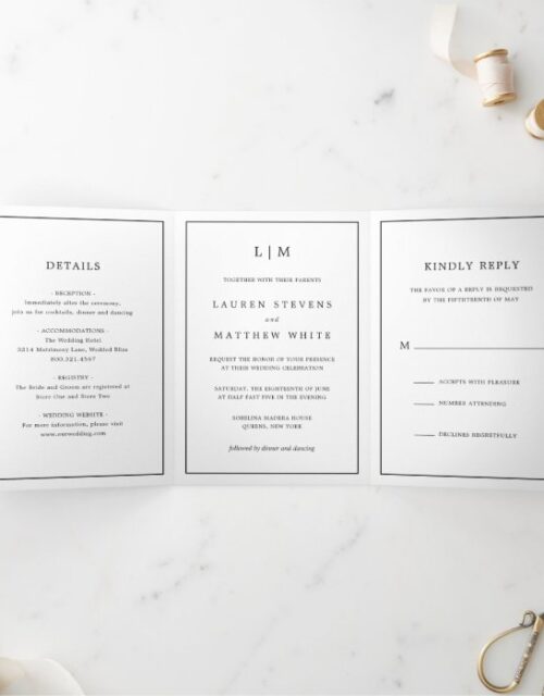 Simple Black and White Monogram Wedding Tri-Fold Invitation