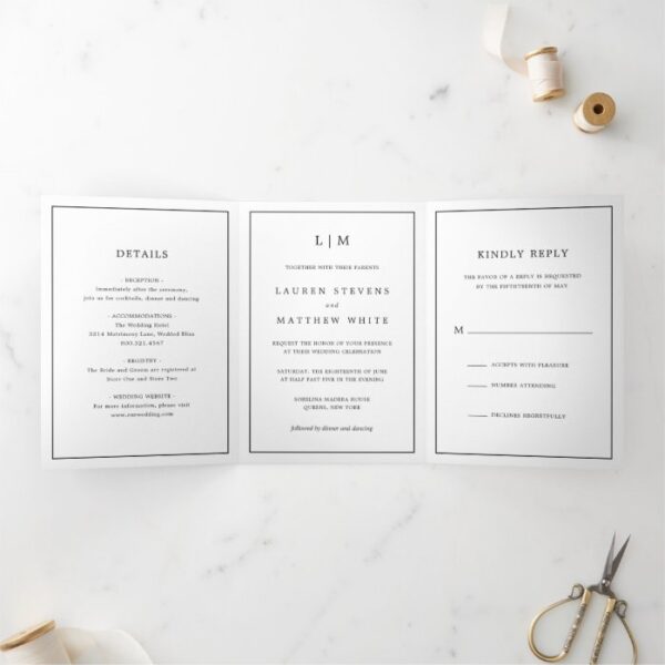 Simple Black and White Monogram Wedding Tri-Fold Invitation