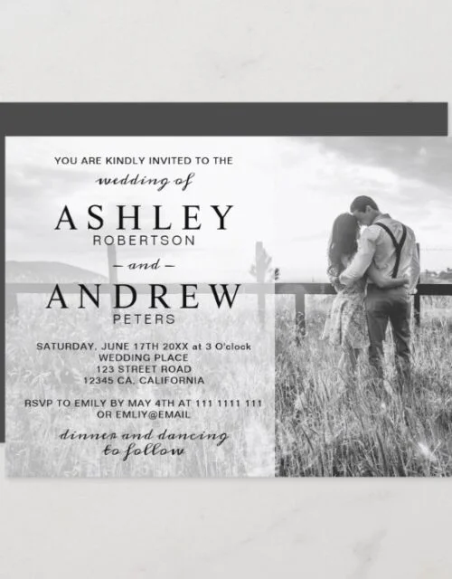 Simple black white elegant modern photo wedding 2 invitation