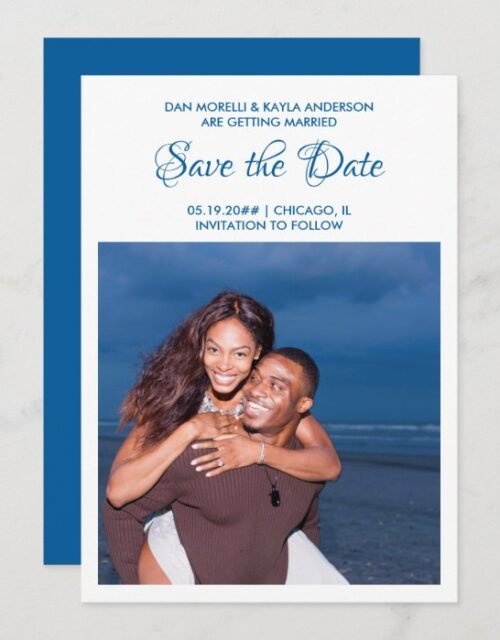 Simple Blue Script Photo Save The Date Card