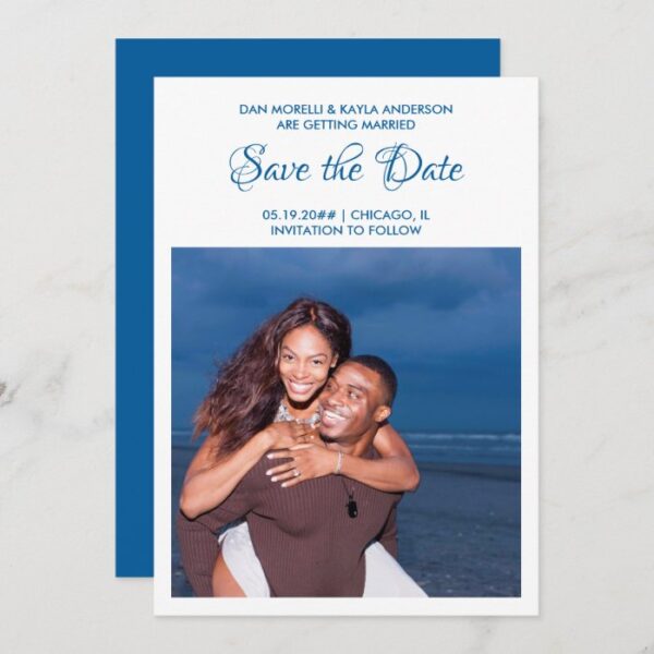 Simple Blue Script Photo Save The Date Card