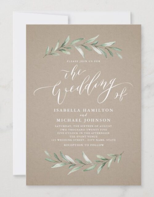 Simple calligraphy greenery rustic kraft wedding invitation