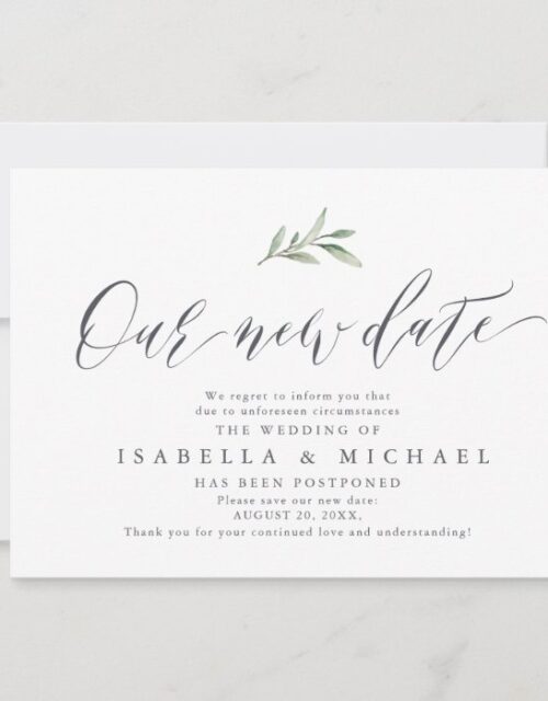 Simple calligraphy greenery save the new date invitation