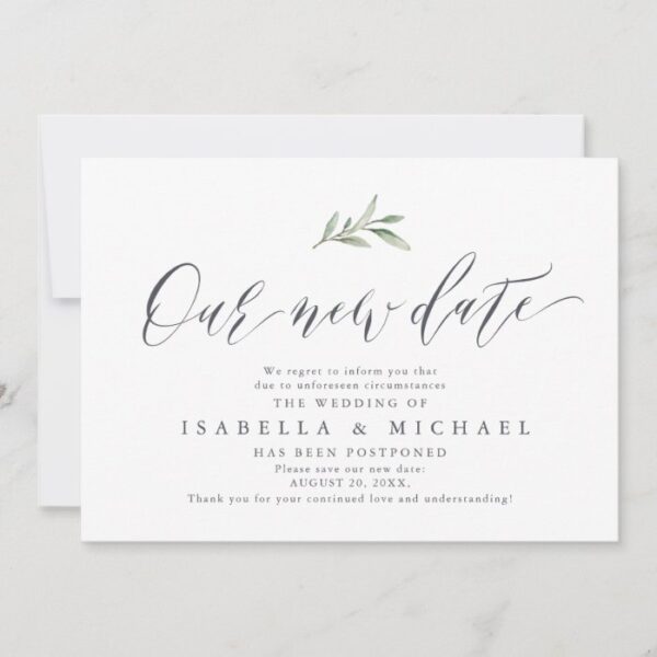 Simple calligraphy greenery save the new date invitation