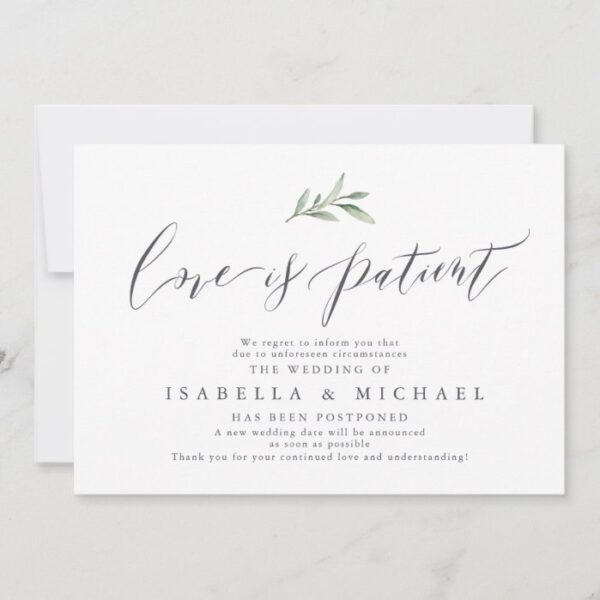 Simple calligraphy greenery wedding postponement invitation