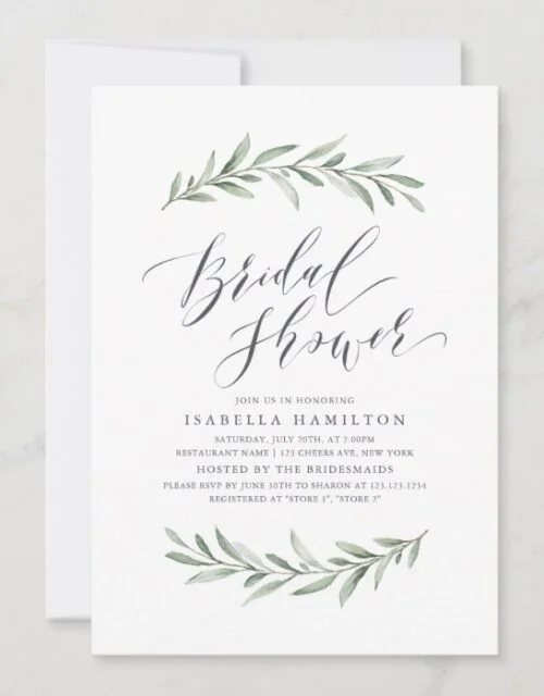 Simple calligraphy rustic greenery bridal shower invitation