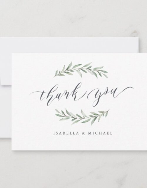 Simple calligraphy rustic greenery thank you card