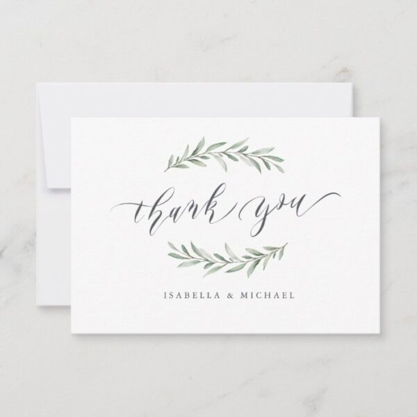 Simple calligraphy rustic greenery thank you card
