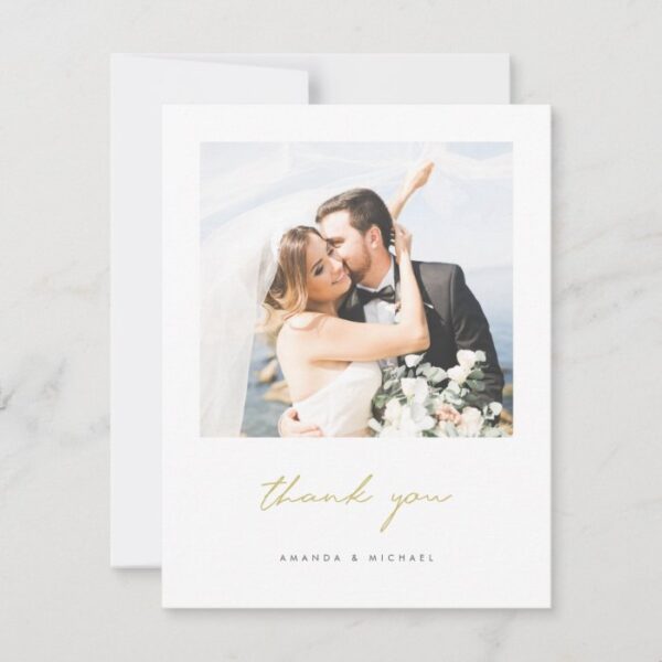 Simple Elegant Modern Gold Script Photo Wedding Thank You Card