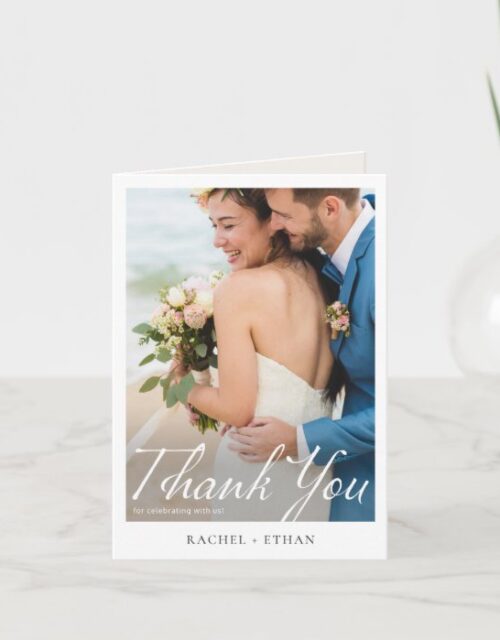 Simple Elegant Modern Script Photo Wedding Thank You Card