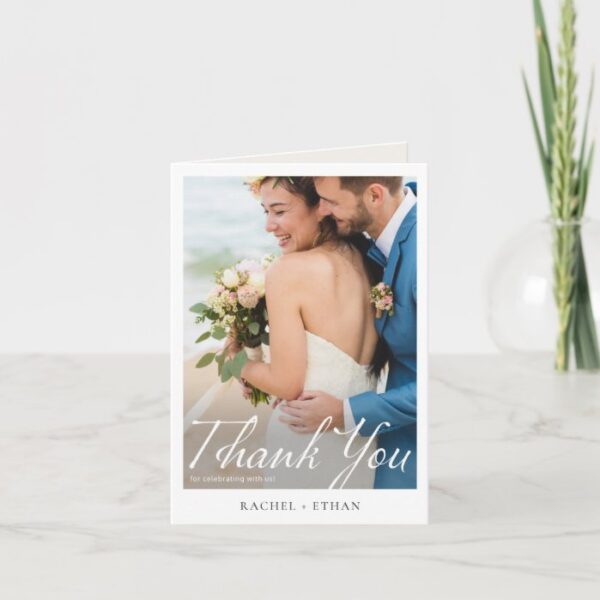Simple Elegant Modern Script Photo Wedding Thank You Card