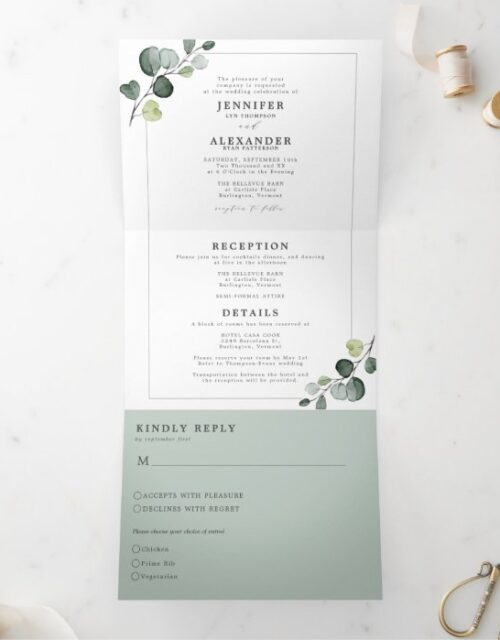 Simple Eucalyptus Greenery All in one Wedding Tri-Fold Invitation