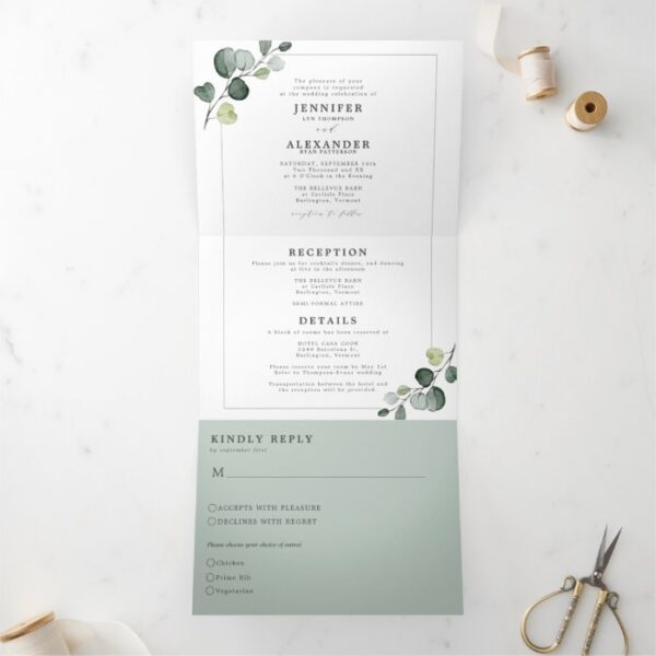 Simple Eucalyptus Greenery All in one Wedding Tri-Fold Invitation