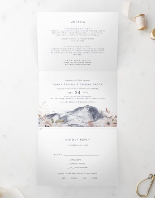 Simple Floral Mountain Photo Wedding All In One Tri-Fold Invitation