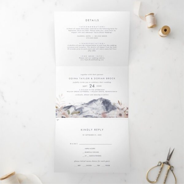 Simple Floral Mountain Photo Wedding All In One Tri-Fold Invitation
