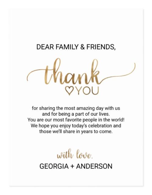 Simple Gold Calligraphy Thank You Reception Card