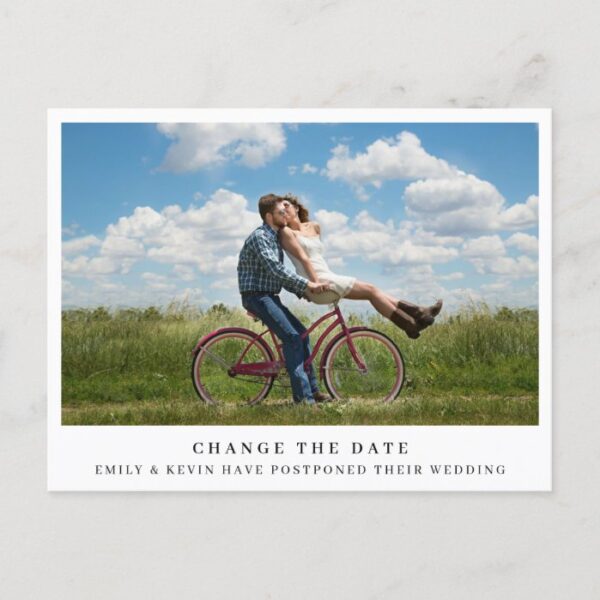 Simple Minimalist Photo Wedding Change the Date Announcement Postcard