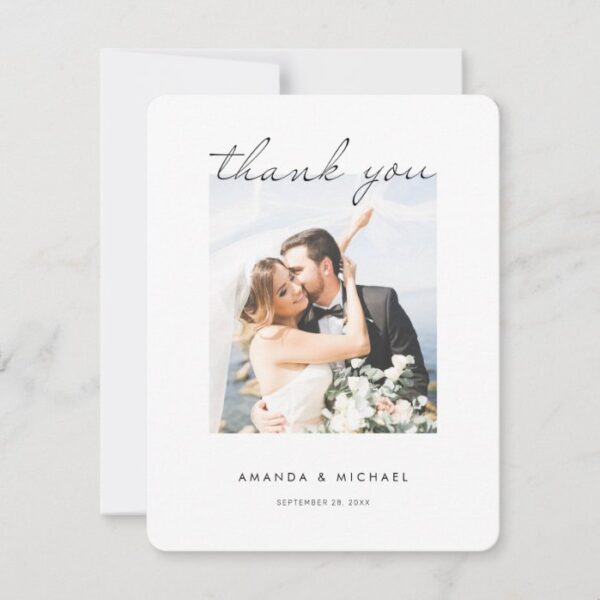 Simple Modern Elegant Script Photo Wedding Thank You Card