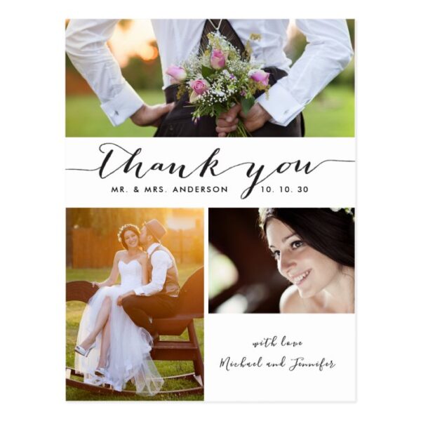 Simple Script 3 Photo Wedding Thank You Postcard