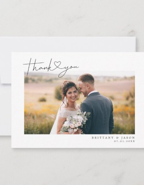 Simple Script with Heart Wedding Photo Thank You Card