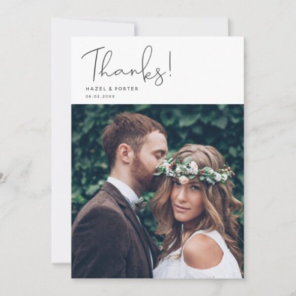 Simple Thanks Script Modern Wedding Photo Thank You Card