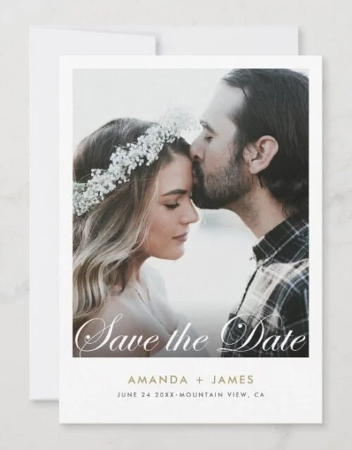 Simple White Border Elegant Script Photo Custom Save The Date