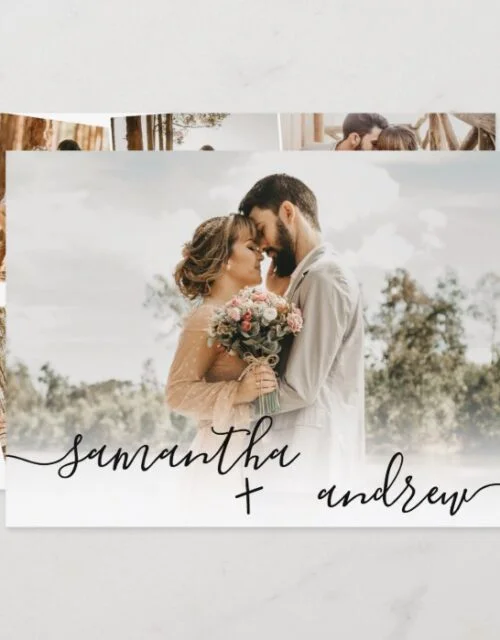 Simple white minimalist script 5 photos wedding invitation