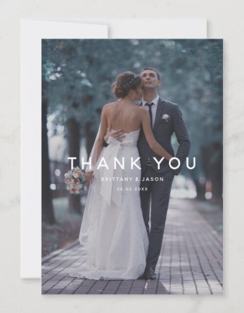 Simple White Overlay Text Wedding Photo Thank You Card