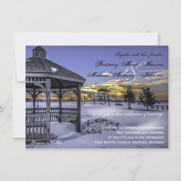 Snow Gazebo Tree Sunset Winter Wedding Invitations