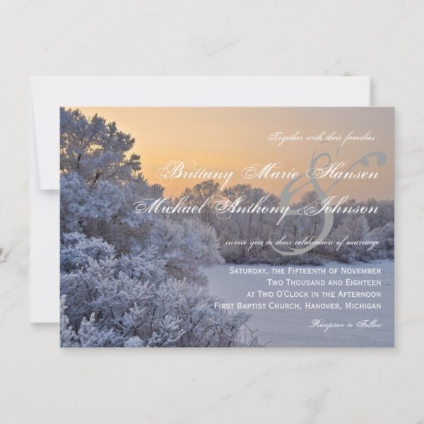 Snow Ice Trees Sunset Winter Wedding Invitations
