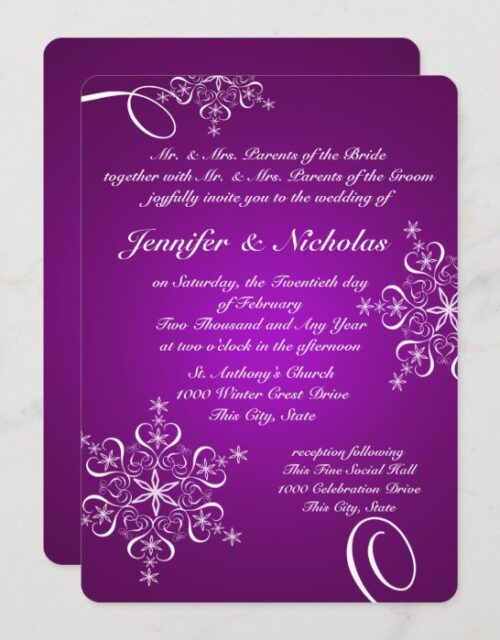 Snowflakes of Love Winter Wedding Purple Invitation