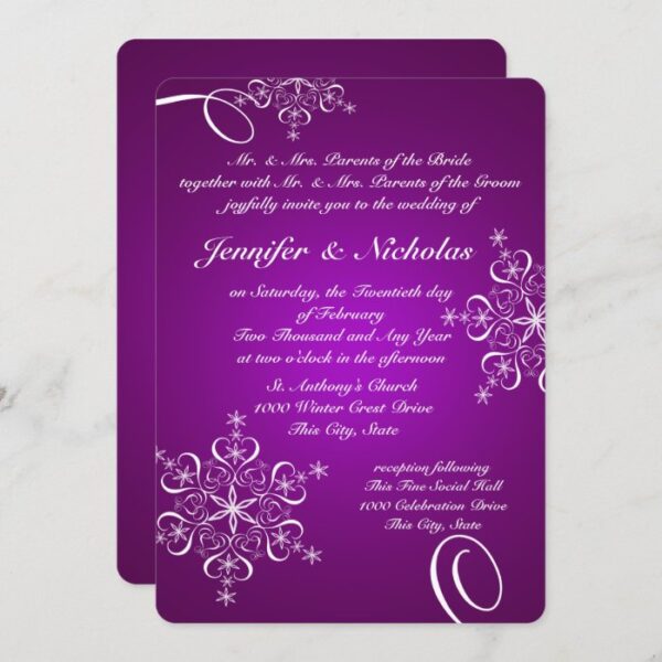 Snowflakes of Love Winter Wedding Purple Invitation