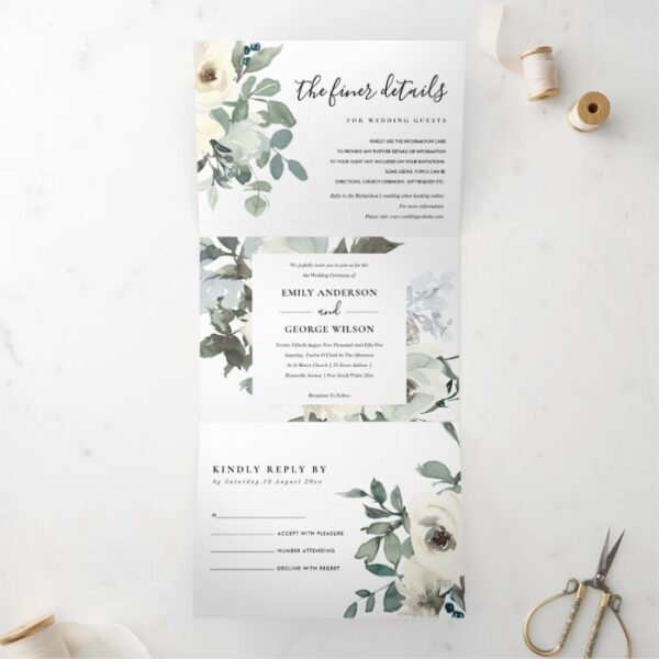 SOFT IVORY WHITE FLORAL WATERCOLOR BUNCH WEDDING Tri-Fold INVITATION