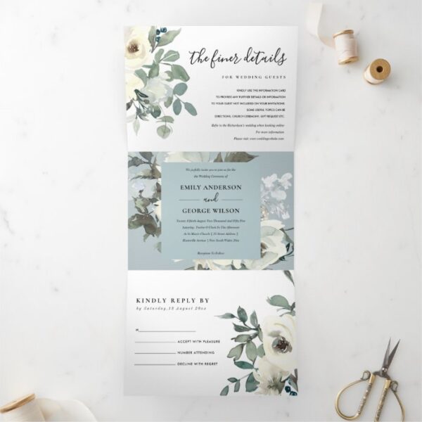 SOFT IVORY WHITE FLORAL WATERCOLOR BUNCH WEDDING Tri-Fold INVITATION