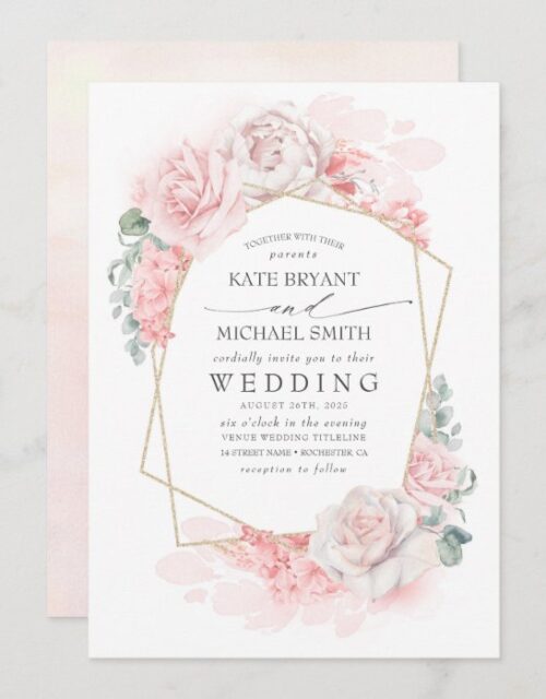 Soft Pastel Pink Flowers Elegant Romantic Wedding Invitation