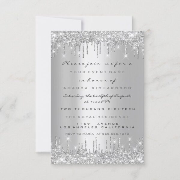 Spark Glitter Drips Silver Lux Bridal Sweet 16th Invitation