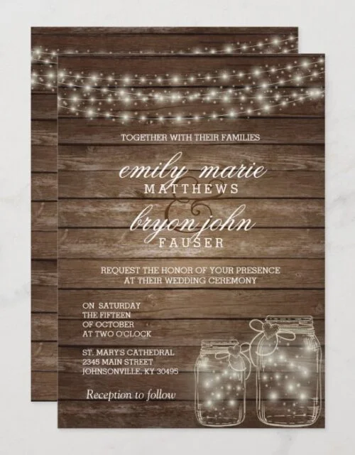 Star Light Mason Jar on Rustic Wood Wedding Invitation